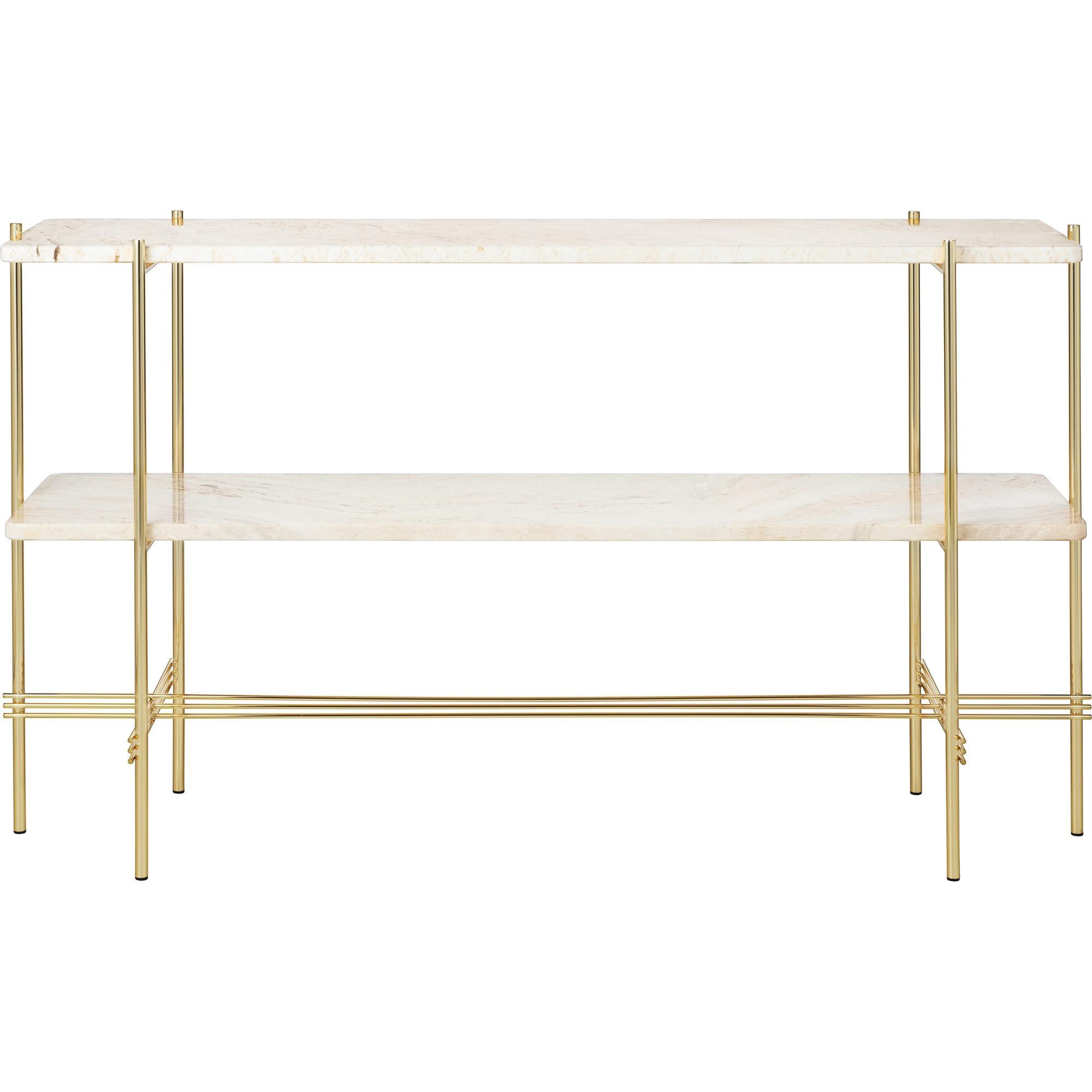 Table Console Gubi TS H72 cm avec 2 Étagères Laiton/ Travertin Blanc Neutre