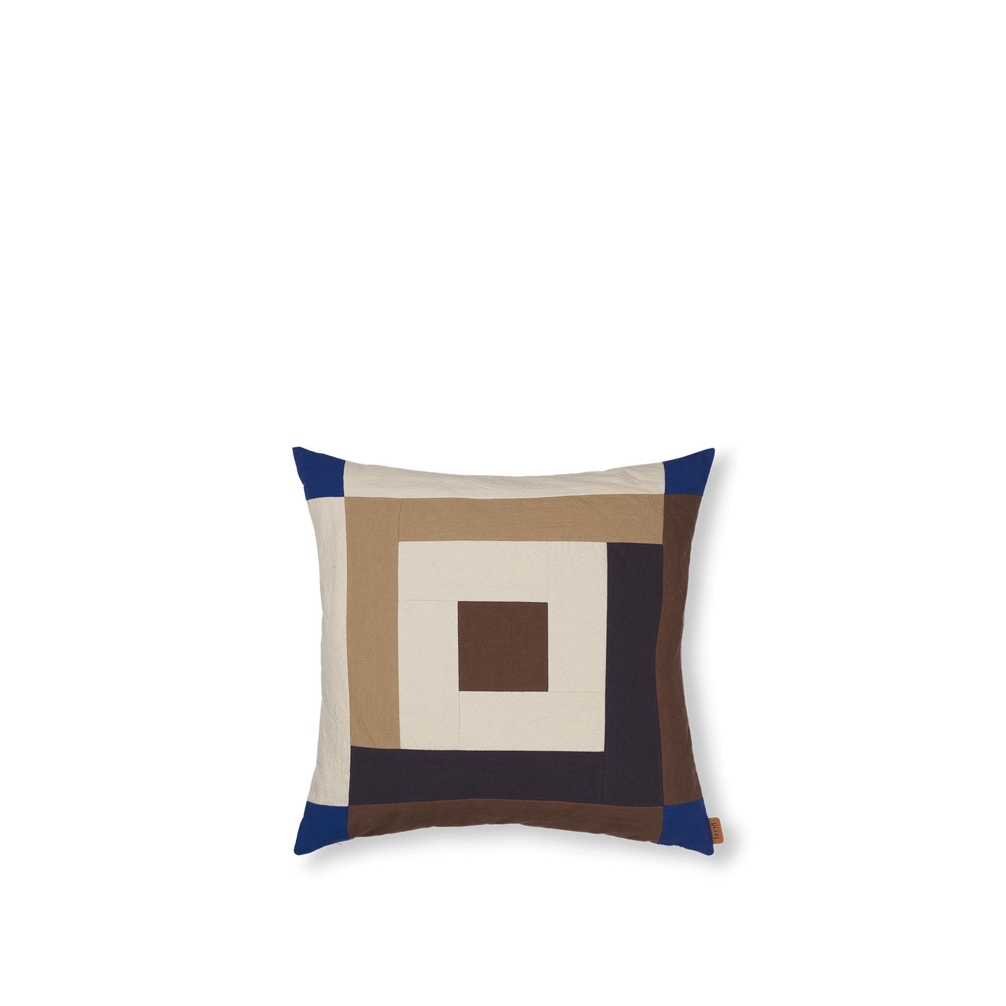 Ferm Living Coussin Border Patchwork Marron Caroube/Bleu Vif