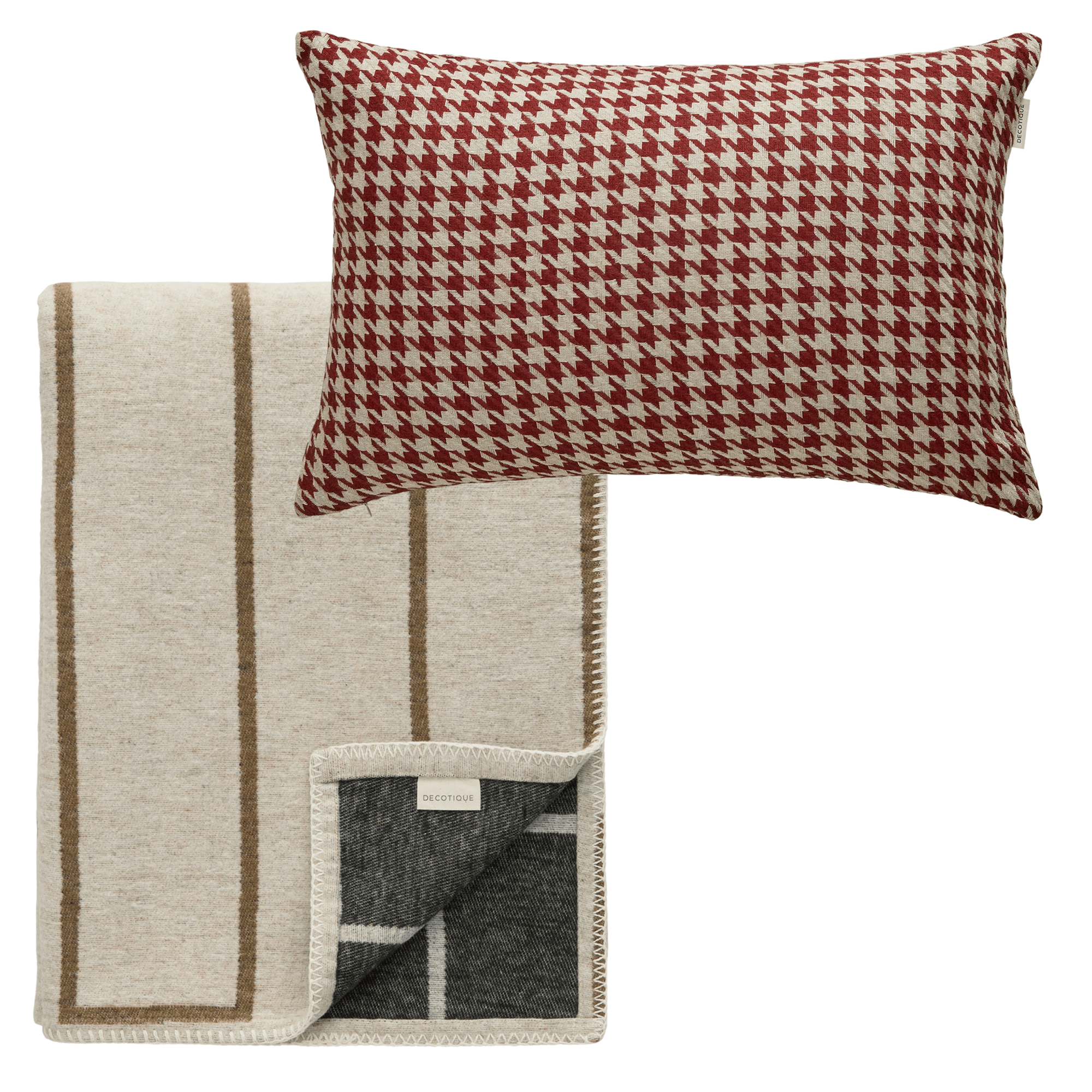 Decotique Noomi & Carmen -tekstiilisetti, 1 tyyny + 1 peitto, punainen/luonnonvärinen/kamelinvärinen