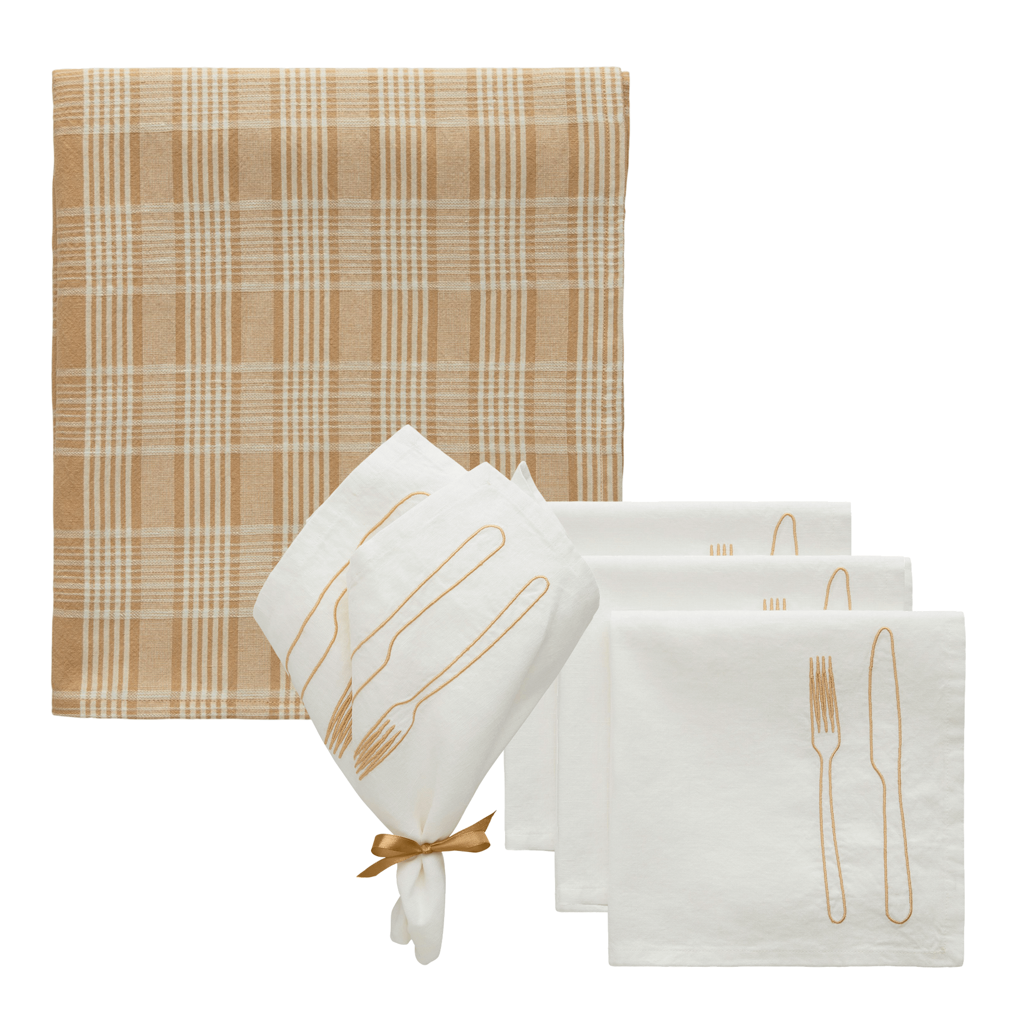 Decotique La Tavola & Rita -tekstiilisetti, 4 lautasliinaa + 1 pöytäliina, valkoinen/beige/latte