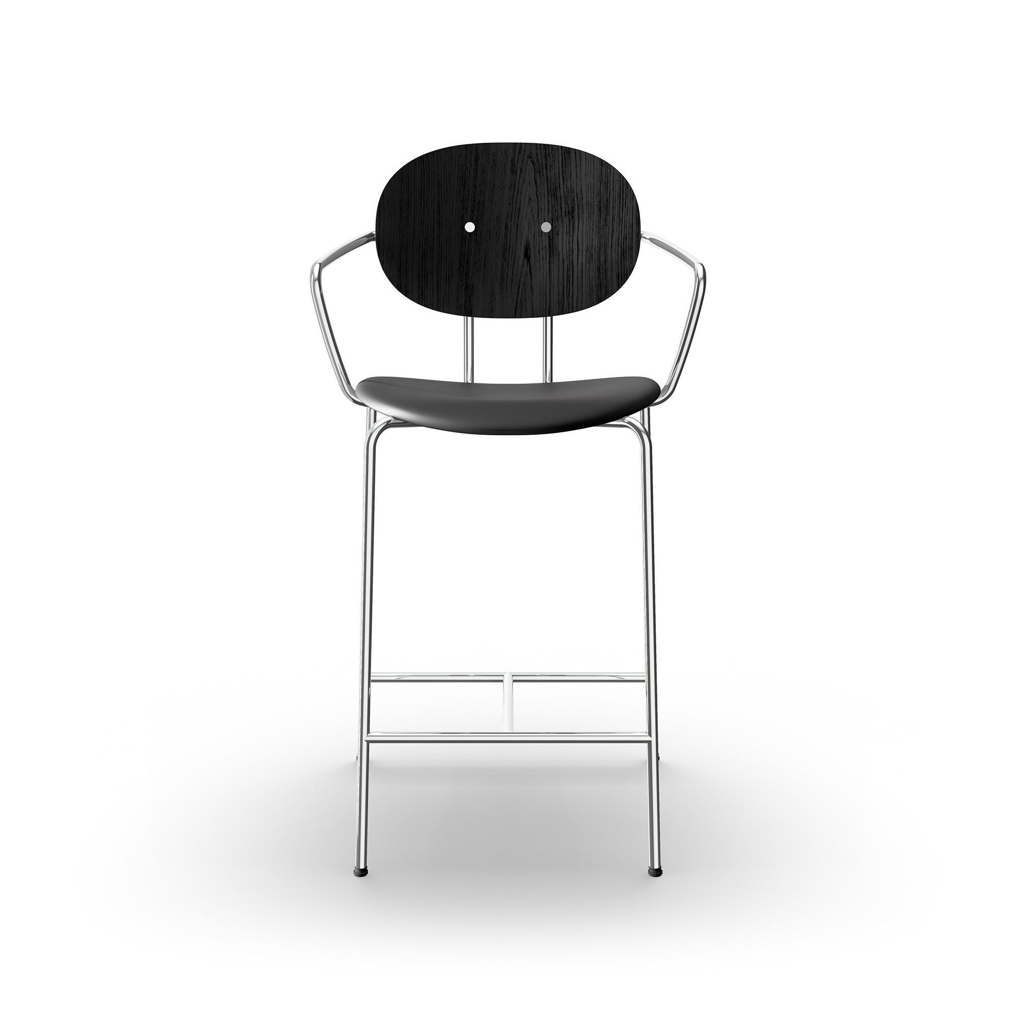 Sibast Furniture Piet Hein Barstool Chrome with Armrests Black Oak and Black Leather