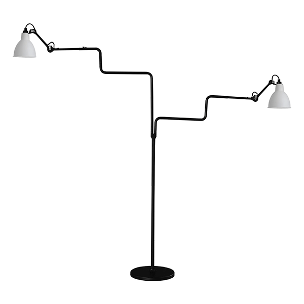 Lampe Gras N411 Lampadaire Double Noir mat et Abat-jour Verre Opale