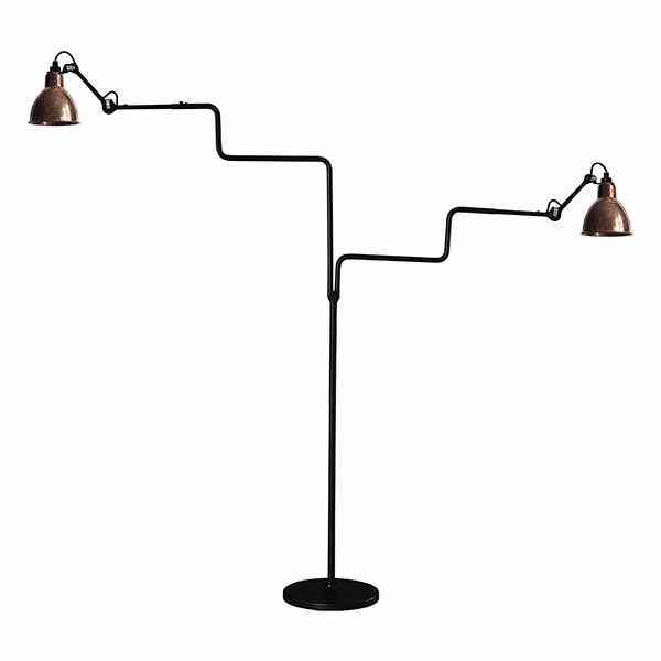 Lampe Gras N411 floor lamp Double mat black & raw copper
