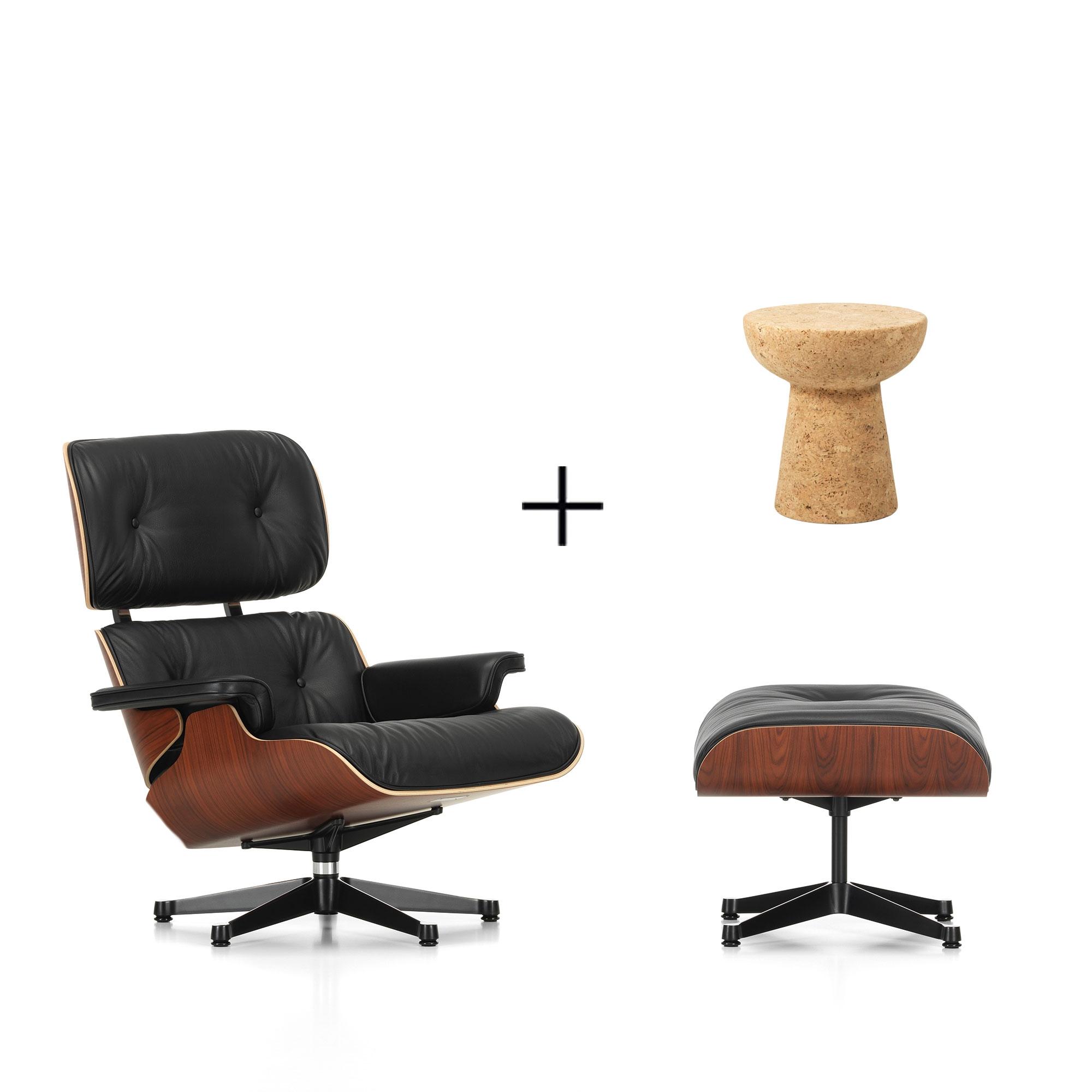Vitra Eames Armchair Santos Palisander/ Schwarz Leder mit Ottomane + Cork Family Stool Modell D