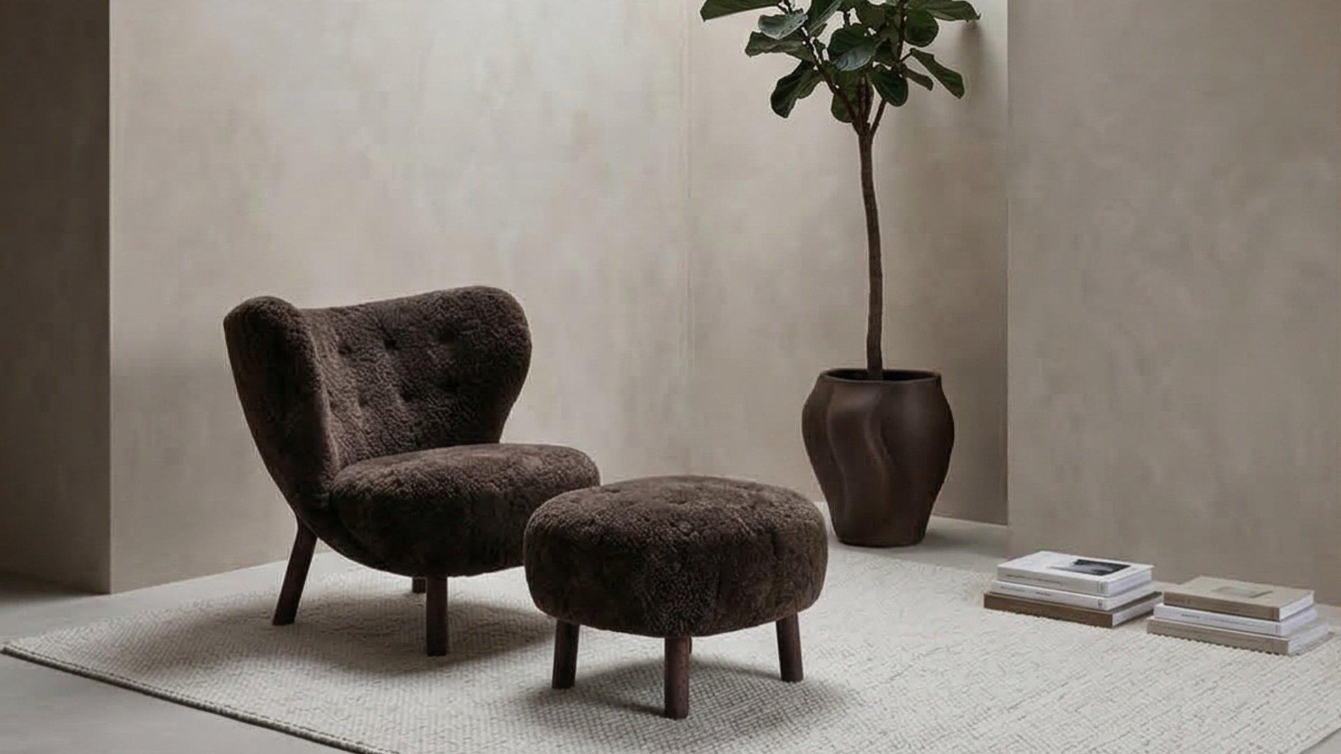 &Tradition Little Petra VB1 Exclusive Armchair Sheepskin Espresso/Dark Stained Oak Incl. ATD1 Pouf