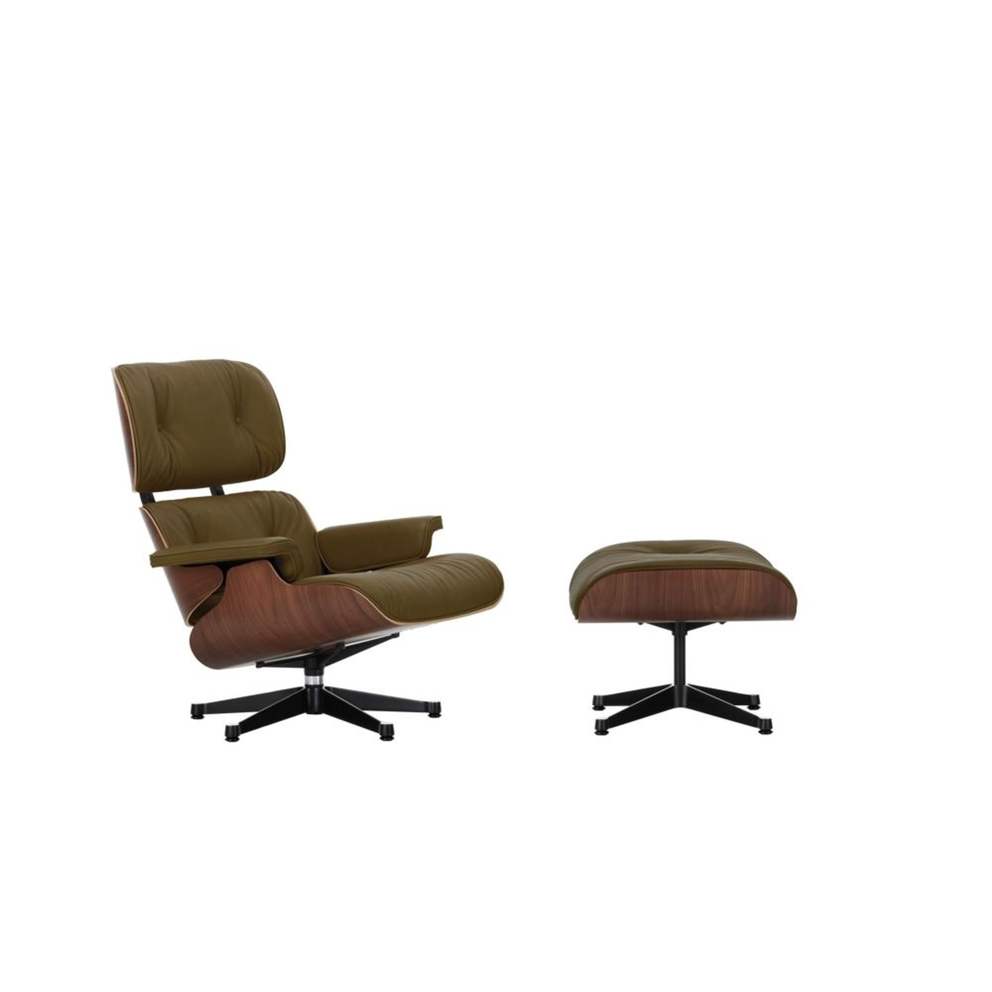 Vitra Eames fauteuil met voetenbank donker Walnoot/58 Khaki/ Zwart