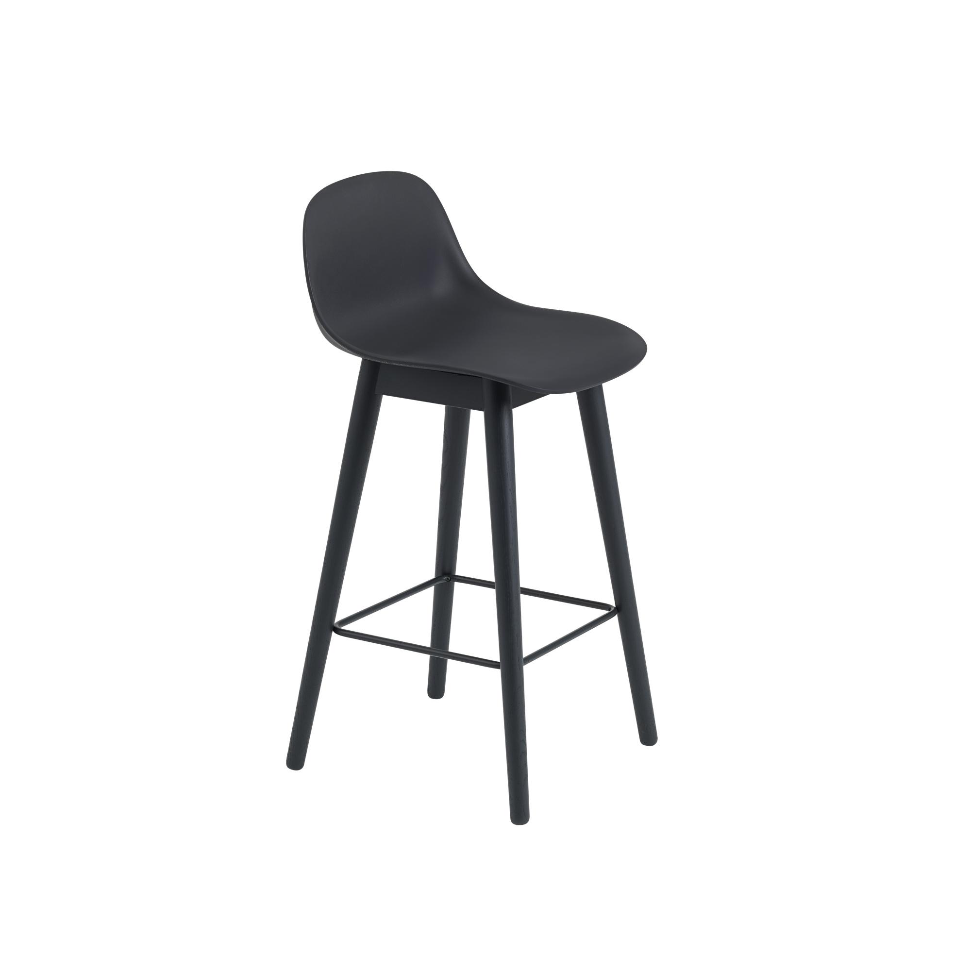 Muuto Fiber Bar Stool w. Wooden Base And Backrest Black/ Black H87.5 cm