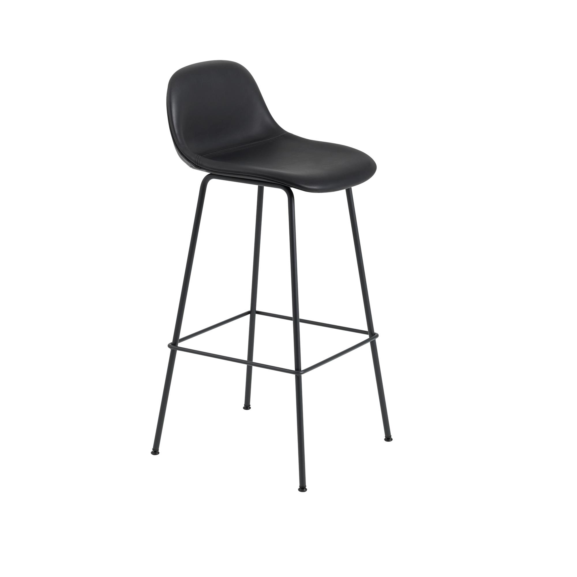 Muuto Fiber Bar Stool with Tube Base and Backrest Leather Upholstered Black H97.5 cm