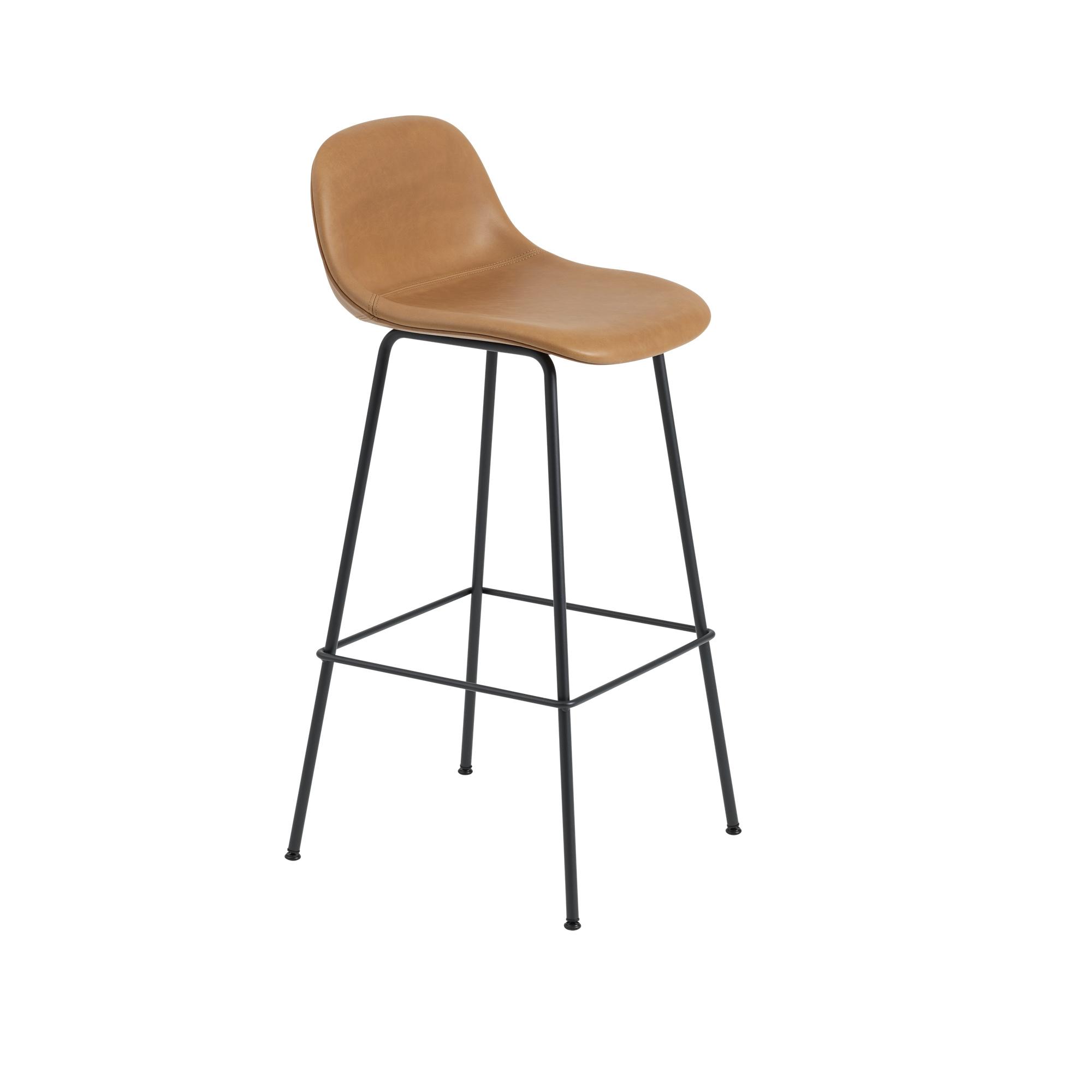 Muuto Fiber Bar Stool w. Tube Base And Backrest Leather Padded Cognac/Black H97.5 cm