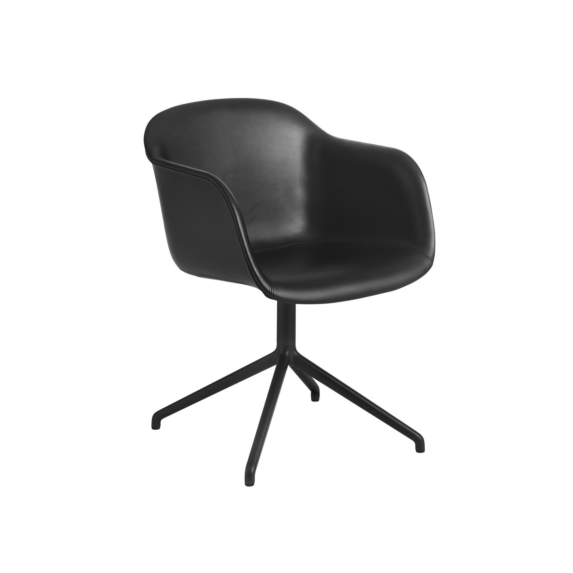Muuto Fiber Spisebordsstol med Armlæn og Swivel Base Læder Polstret Sort/Sort