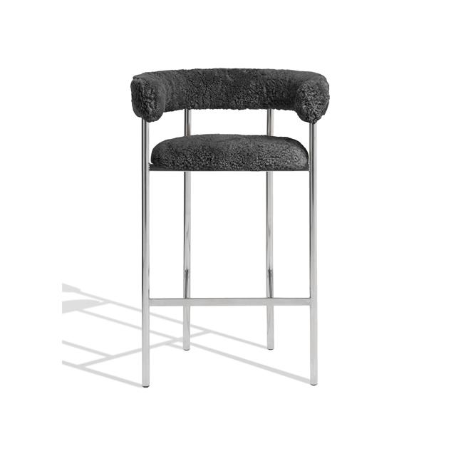 Møbel Copenhagen Font Barstol med Armlæn 65 cm Sheepskin Grå/Poleret Stål Stel